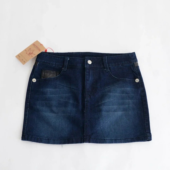 True Religion '03 Y2K Dark Wash With Leather Accent Mini Denim Low Rise Skirt 29 - Picture 1 of 13